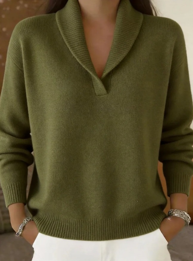 Women's Shawl Collar Knit Sweater Loose Drop Shoulder Solid Color Pullover