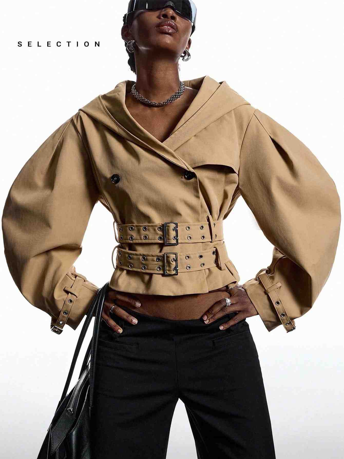 Women's Double-Breasted Cinched Waist Jacket with Large Lapel