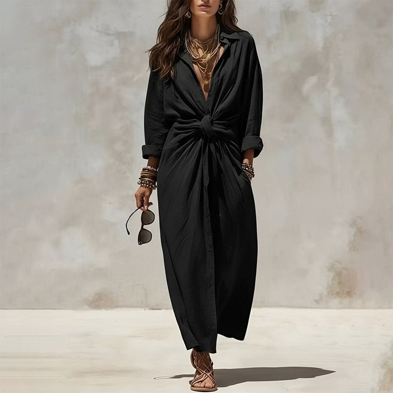 Women's Casual Solid Shirt-Collar Long Dress Single-Breasted Pleated Long-Sleeve