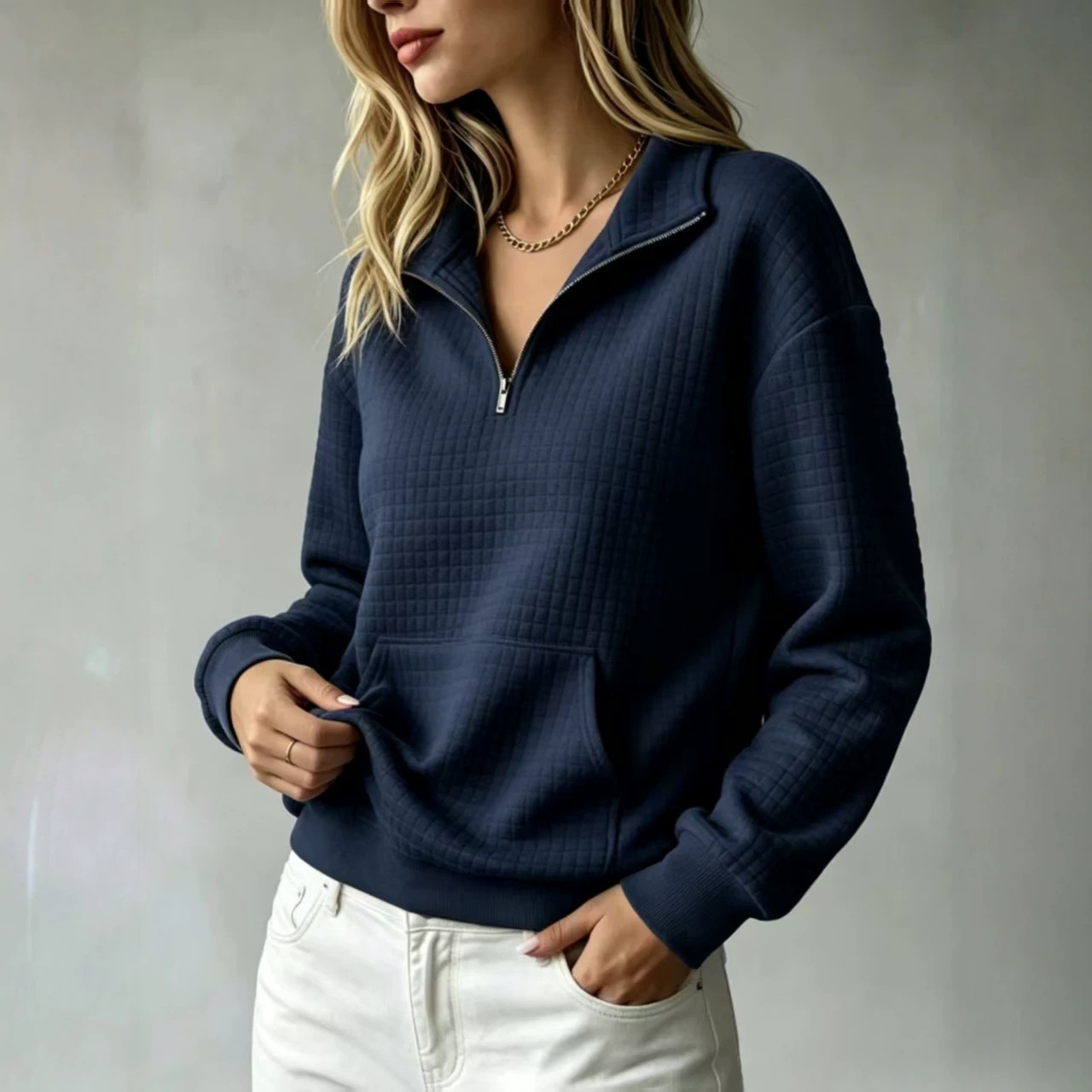 Women's Loose Kangaroo Pocket Solid Color Stand Collar Zip-Up Long Sleeve Sweatshirt
