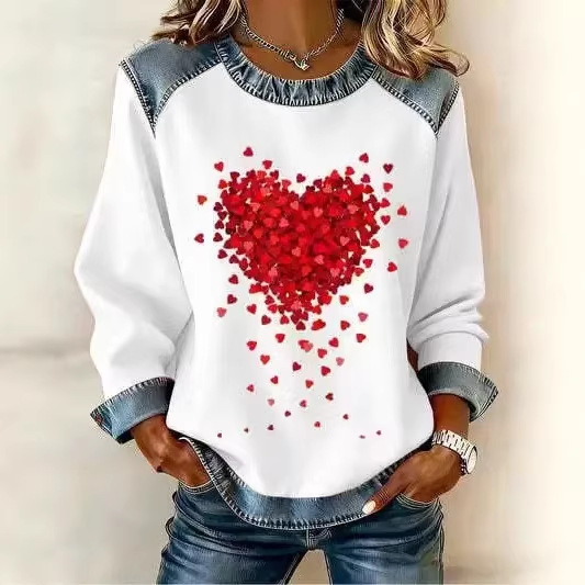 Women's Heart Print Crewneck Sweatshirt Casual Pullover