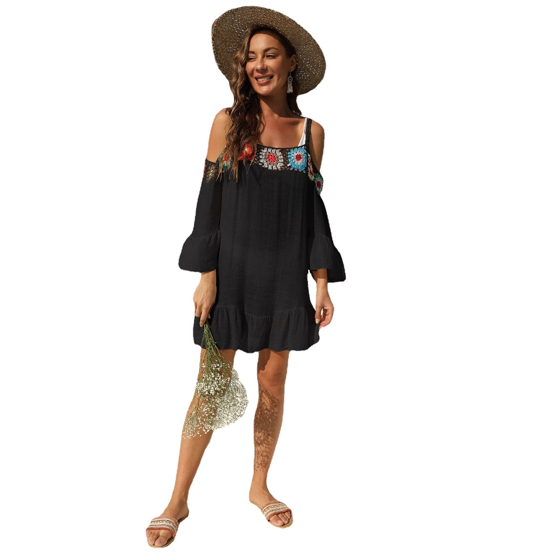 Hand-Crochet Spliced Cold-Shoulder Ruffle Beach Dress