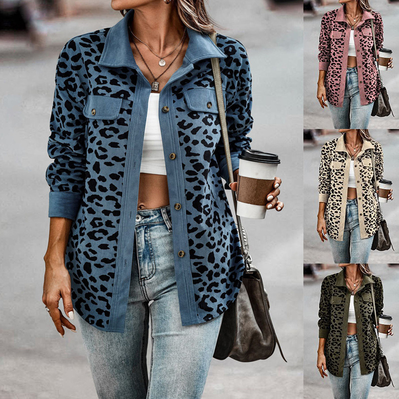 Leopard Print Button-Front Long-Sleeve Jacket Casual Versatile