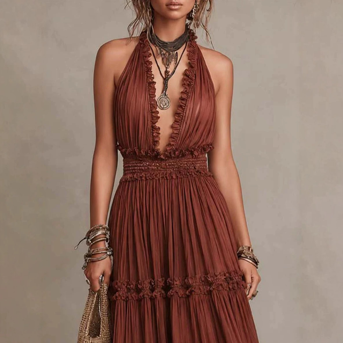 Lace V-Neck High-Waist Long Dress