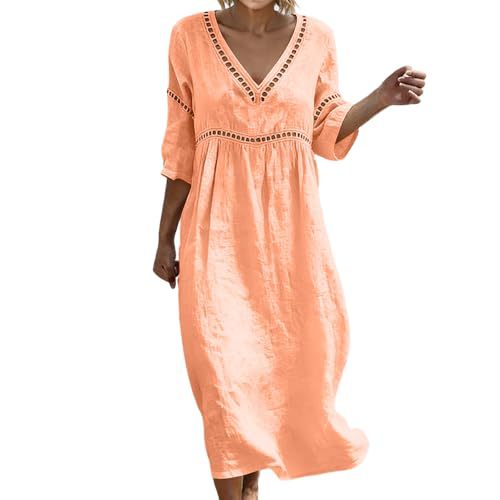 Women's Floral Print Ruched Midi Dress with Deep V-Neck and Five-Quarter Sleeves