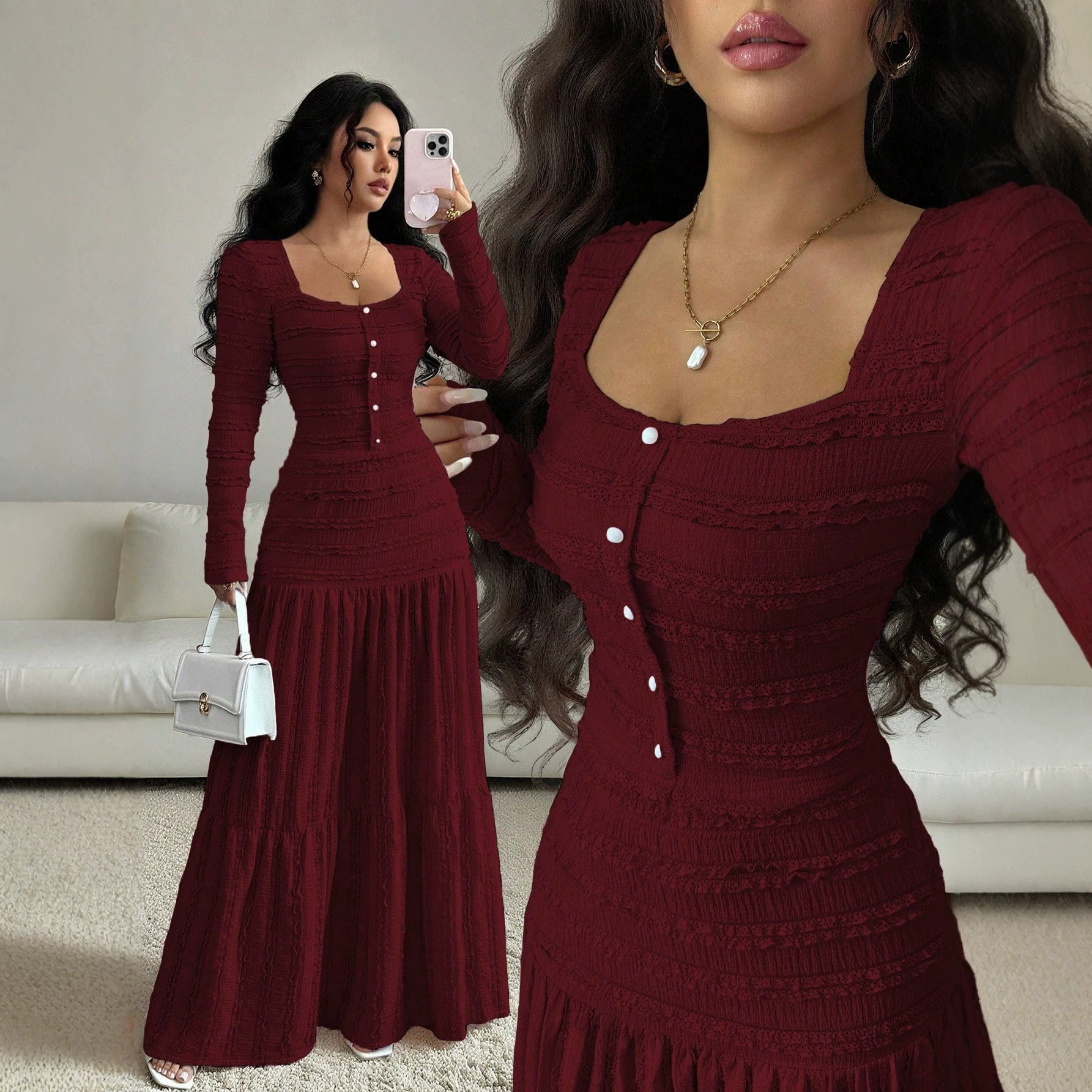 Women's Solid Lace Square Neck Button-Front Long Sleeve Long Dress