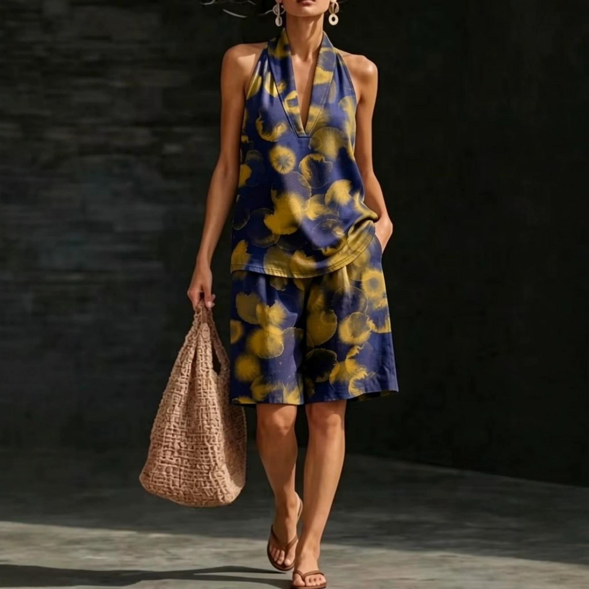 Retro Floral Print Sleeveless Halter Vest Set for Women