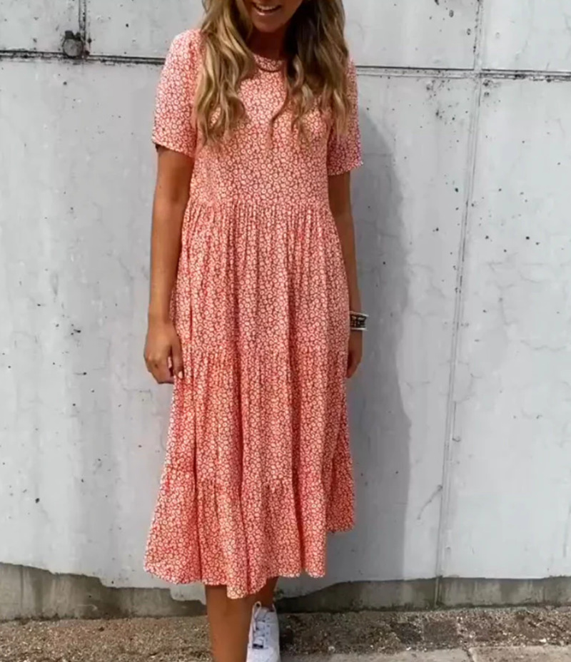 Floral Print Round Neck Short Sleeve Maxi Dress
