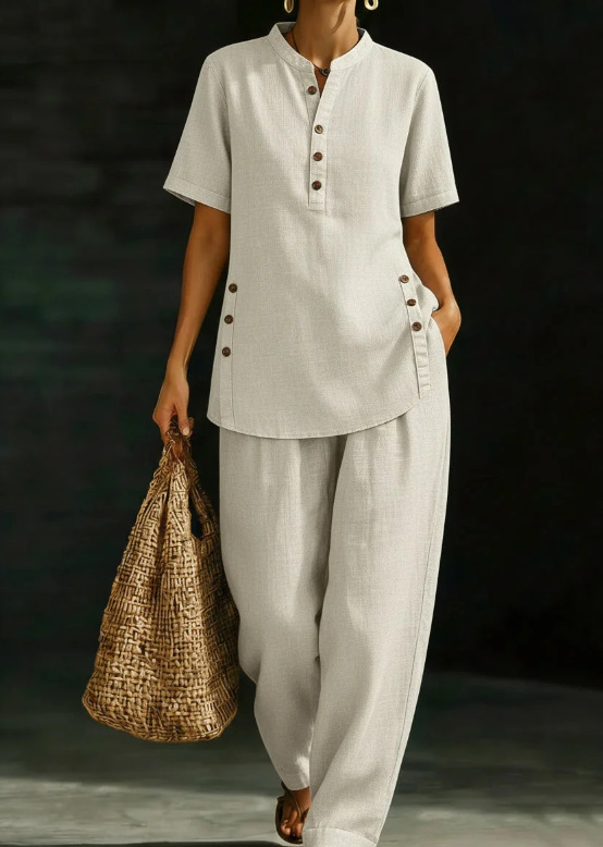 Women's Linen-Blend Button Shirt and Wide-Leg Pants Two-Piece Set