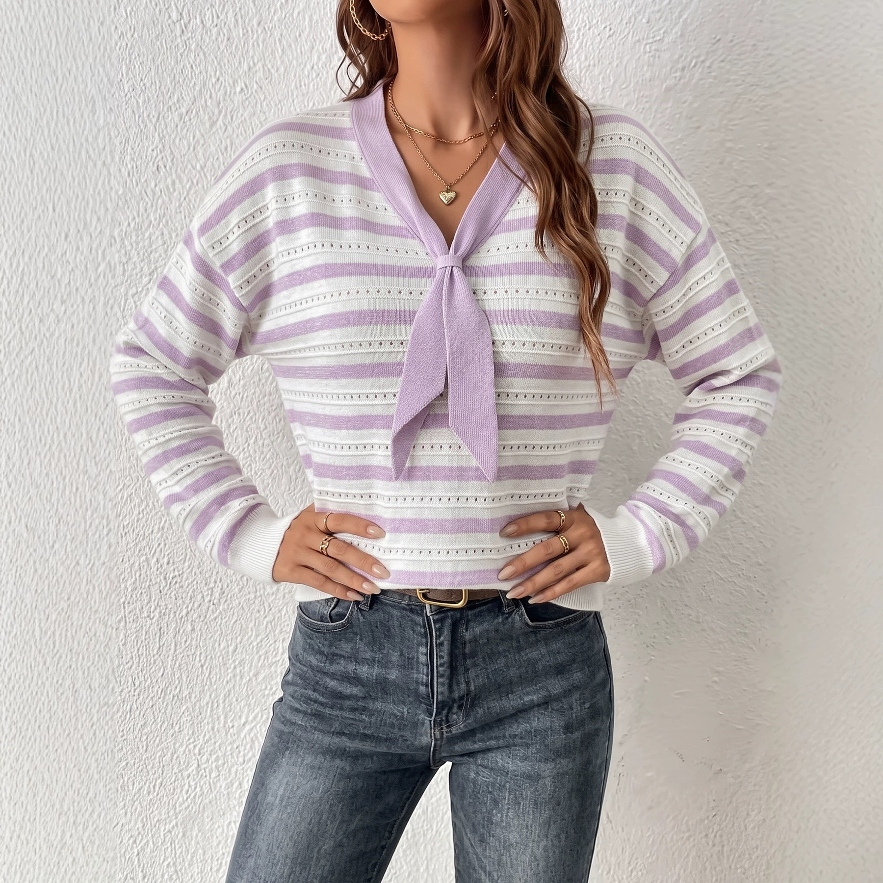 Lightweight Breathable Long-Sleeve Knit Pullover with Color-Block Stripes and Cutout Tie-Waist