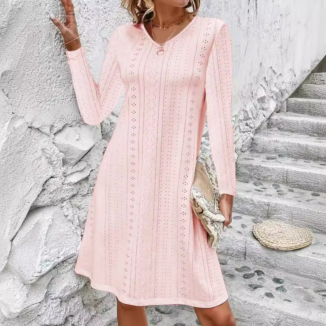 Women's Hollow Jacquard V-Neck Long Sleeve A-Line Midi Dress