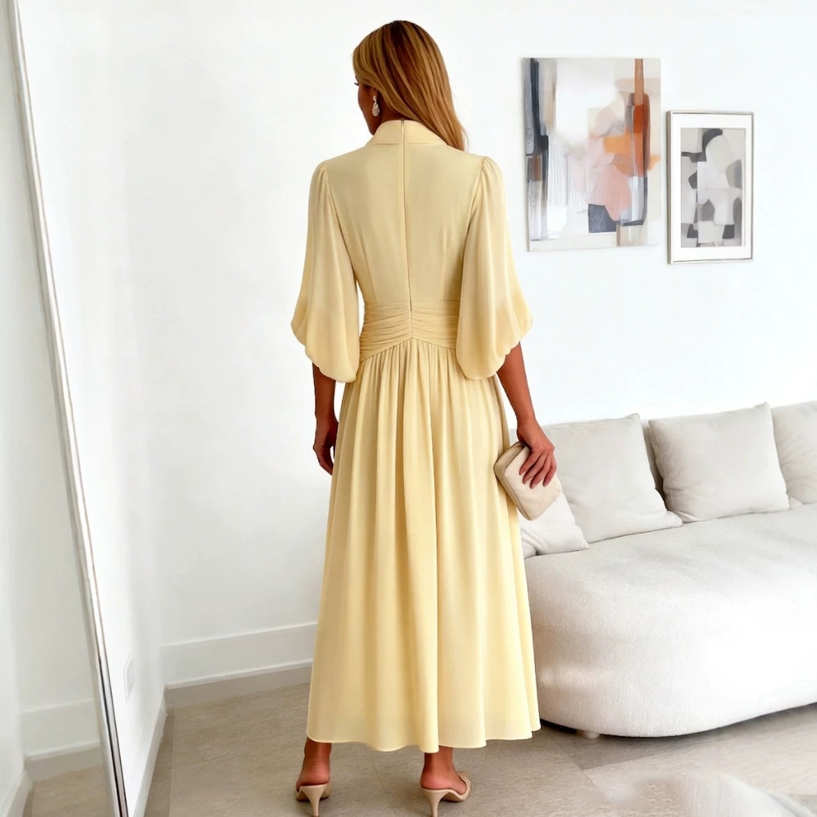 French V-Neck Ruched Midi Dress with Puff Sleeves