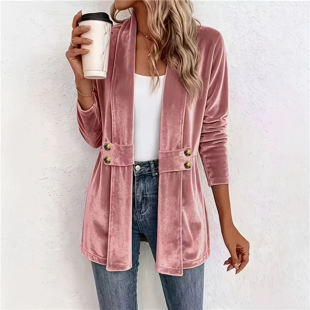 Women's Double-Breasted Gold Velvet Cardigan Lazy Style Mid-Length Top