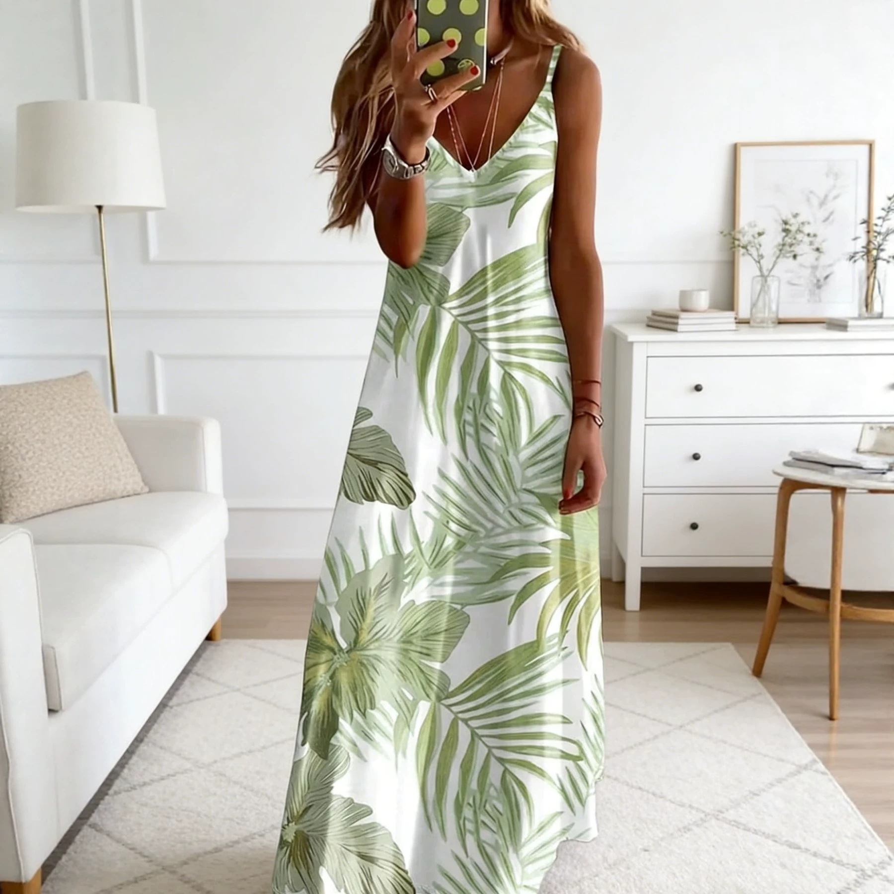 Women's Sleeveless Printed Midi Dress V-Neck A-Line Vacation Casual