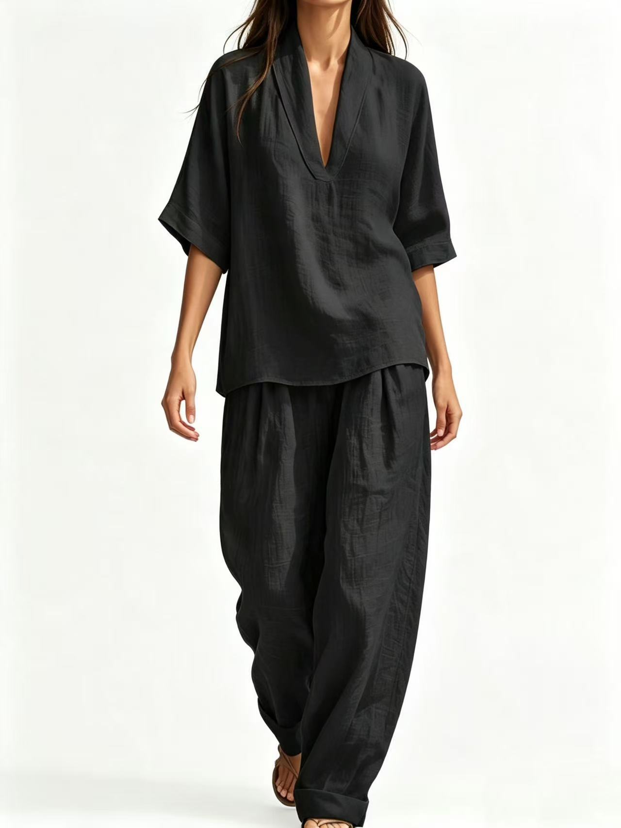 Women's Casual Linen Two-Piece Set Short Sleeve Tee & Pants