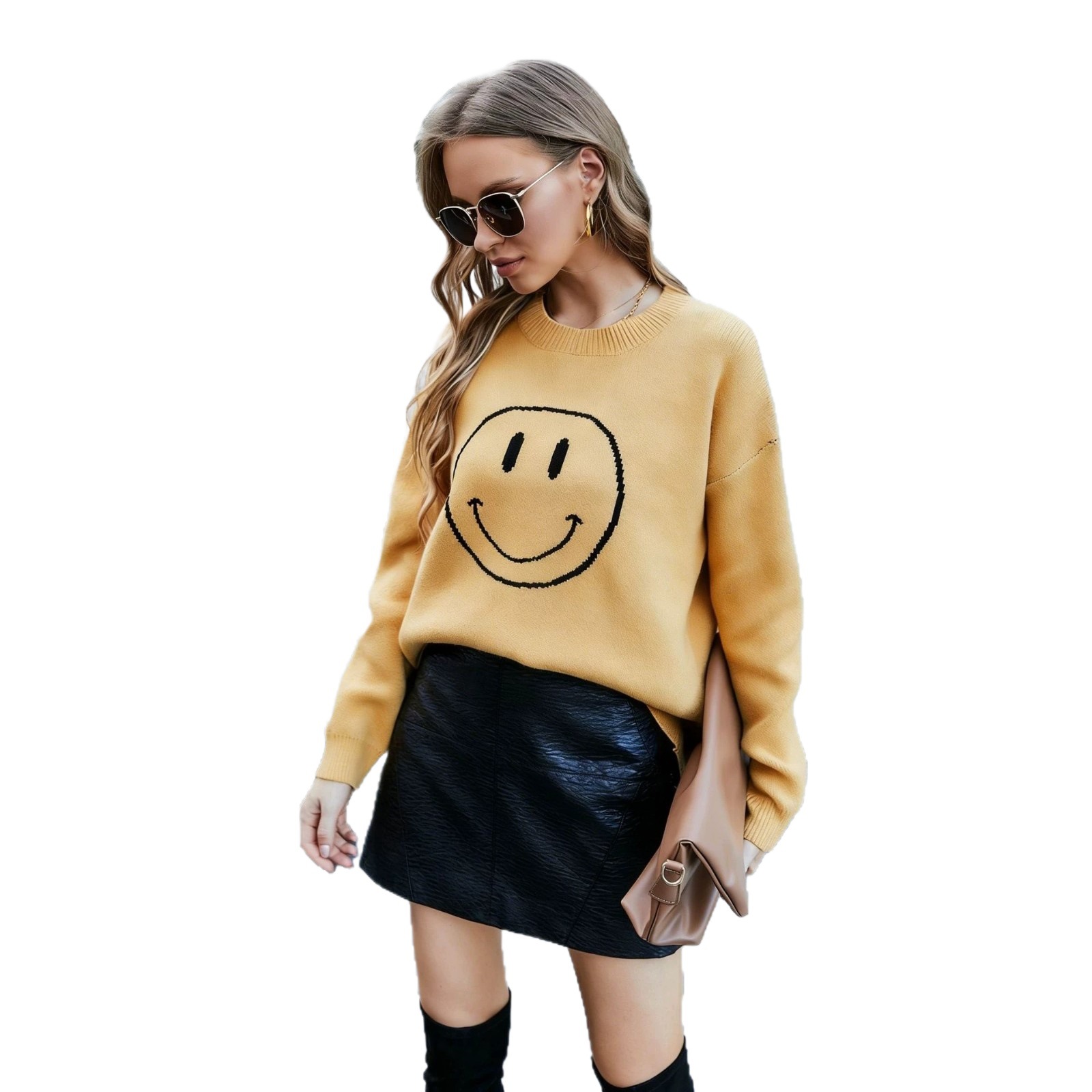 Yellow Crewneck Pullover Knit Sweater for Women