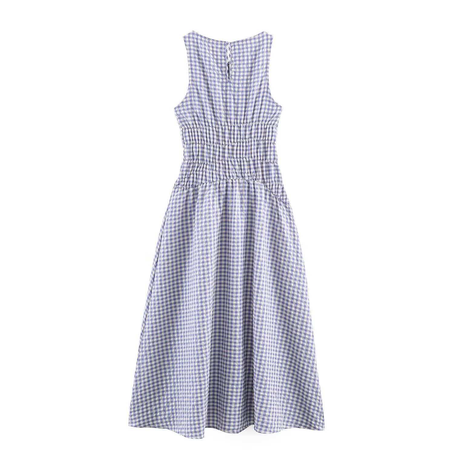 Women's Slim-Fit Plaid Midi Dress Sleeveless U-Neck