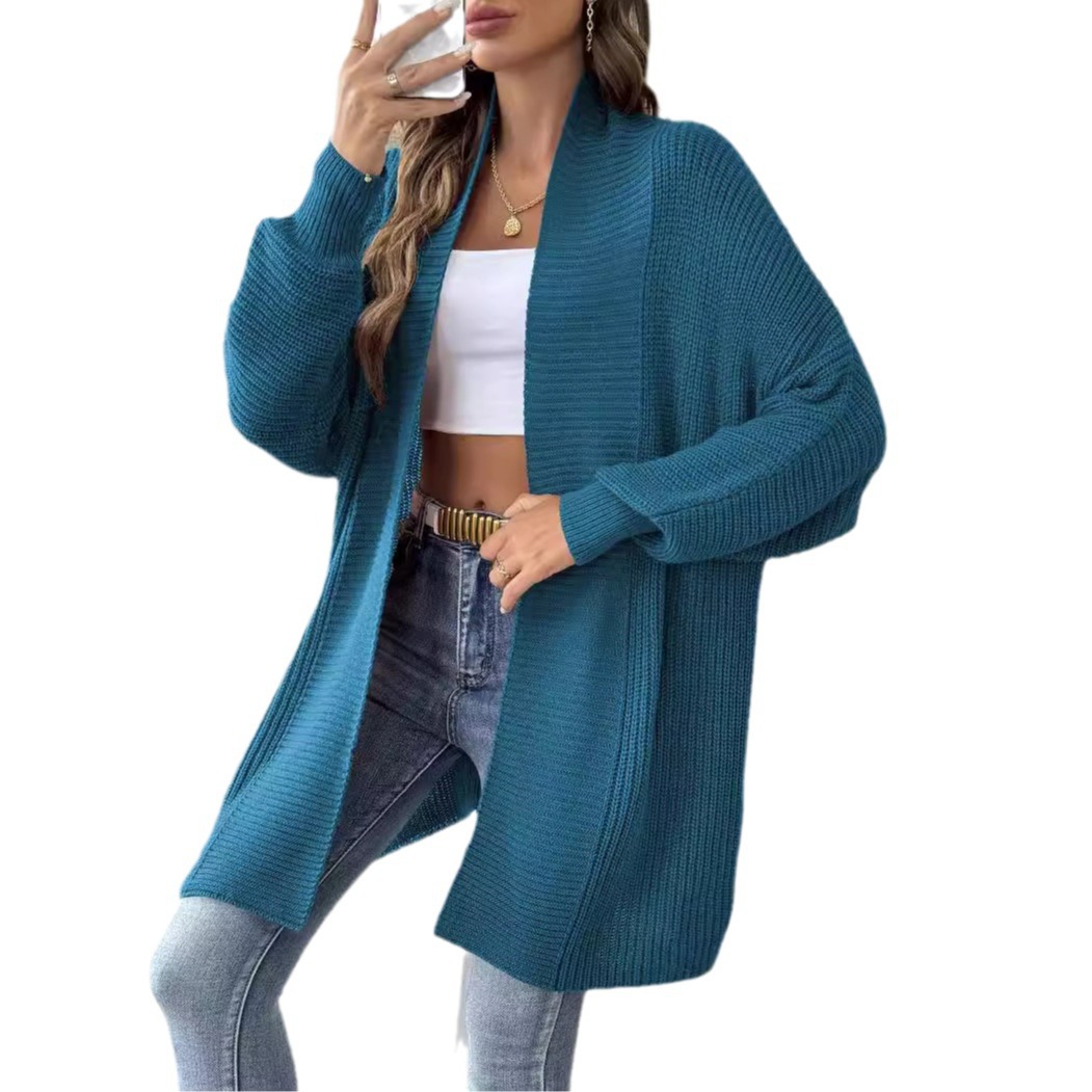 Women's Loose Knit Cardigan Sweater V-Neck Batwing Sleeve Solid