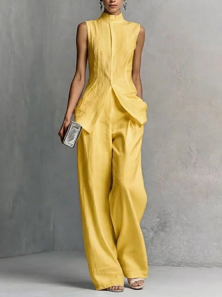 Women's Sleeveless Solid Top & Wide-Leg Pants Two-Piece Set