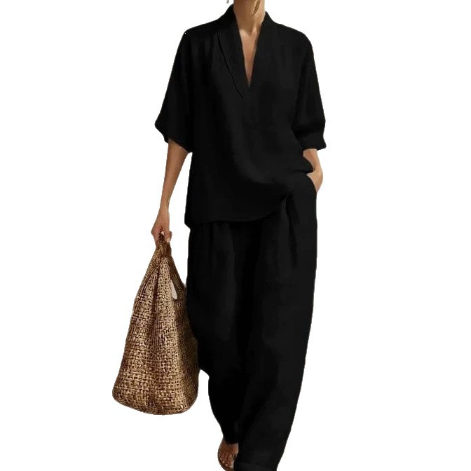 Women's Minimalist Linen Two-Piece Set Casual Solid Color
