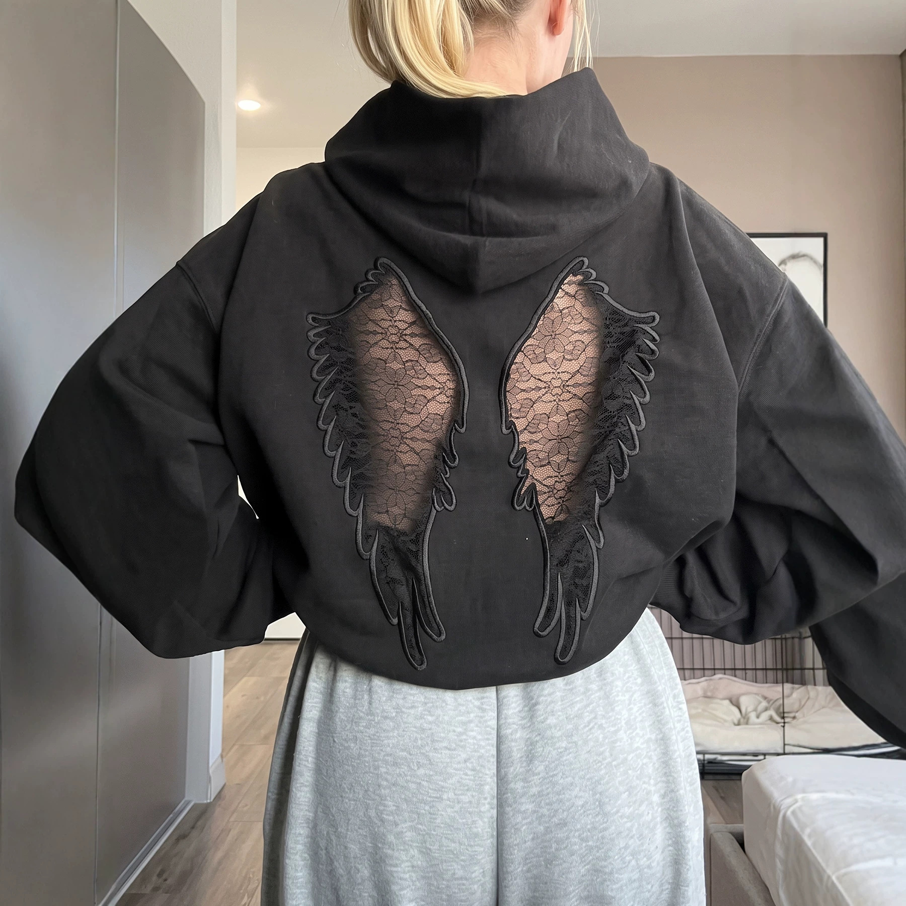 Women's Casual Hooded Cutout Embroidered Wing Long-Sleeve Sweatshirt