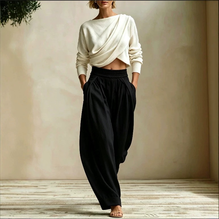 Women's Two-Piece Set: Pleated Crewneck Top & Elastic Waist Harem Pants