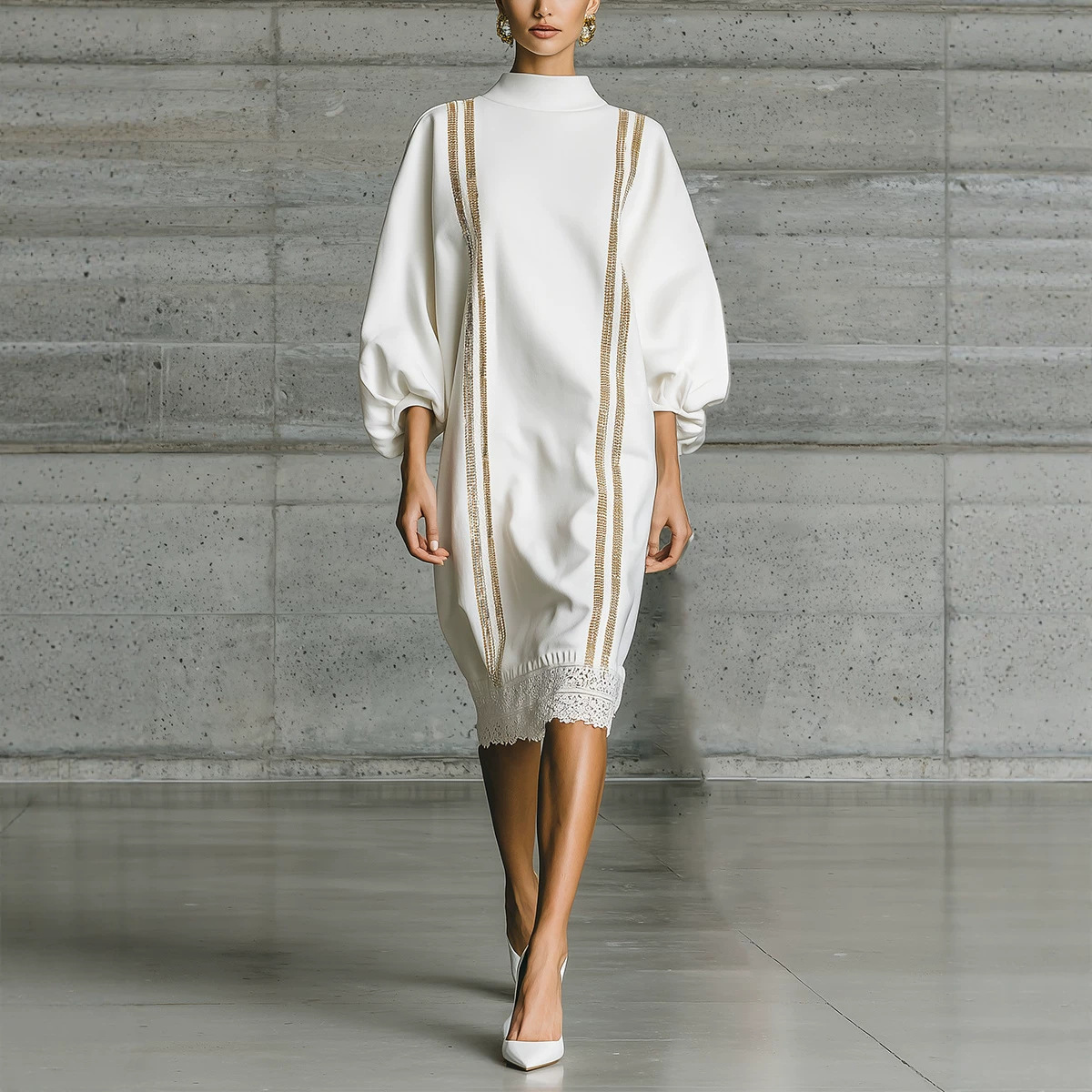 French-Style Half-Turtleneck Lantern-Sleeve Dress with Lace Hem