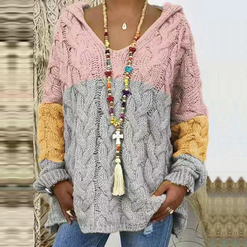Women's Cable-Knit Hooded Sweater, Pure Color Pullover