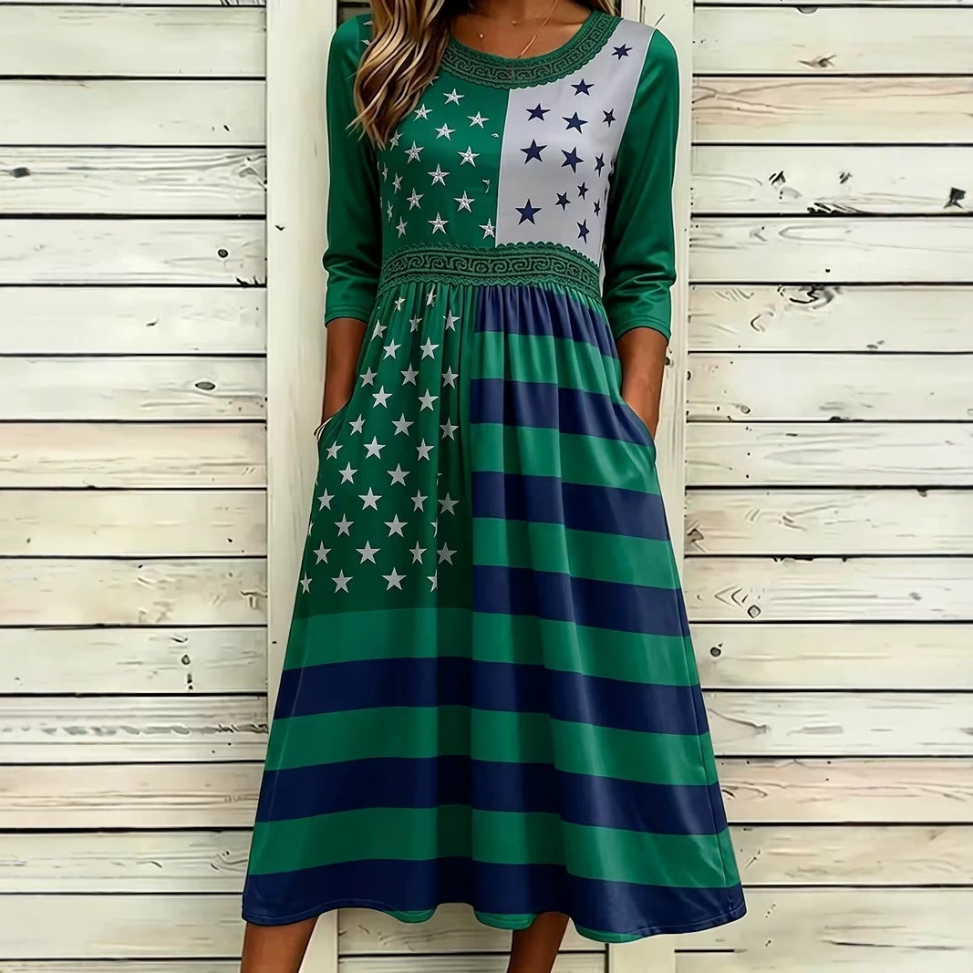 Women's Colorblock Plaid Star Print Ruched Midi Dress