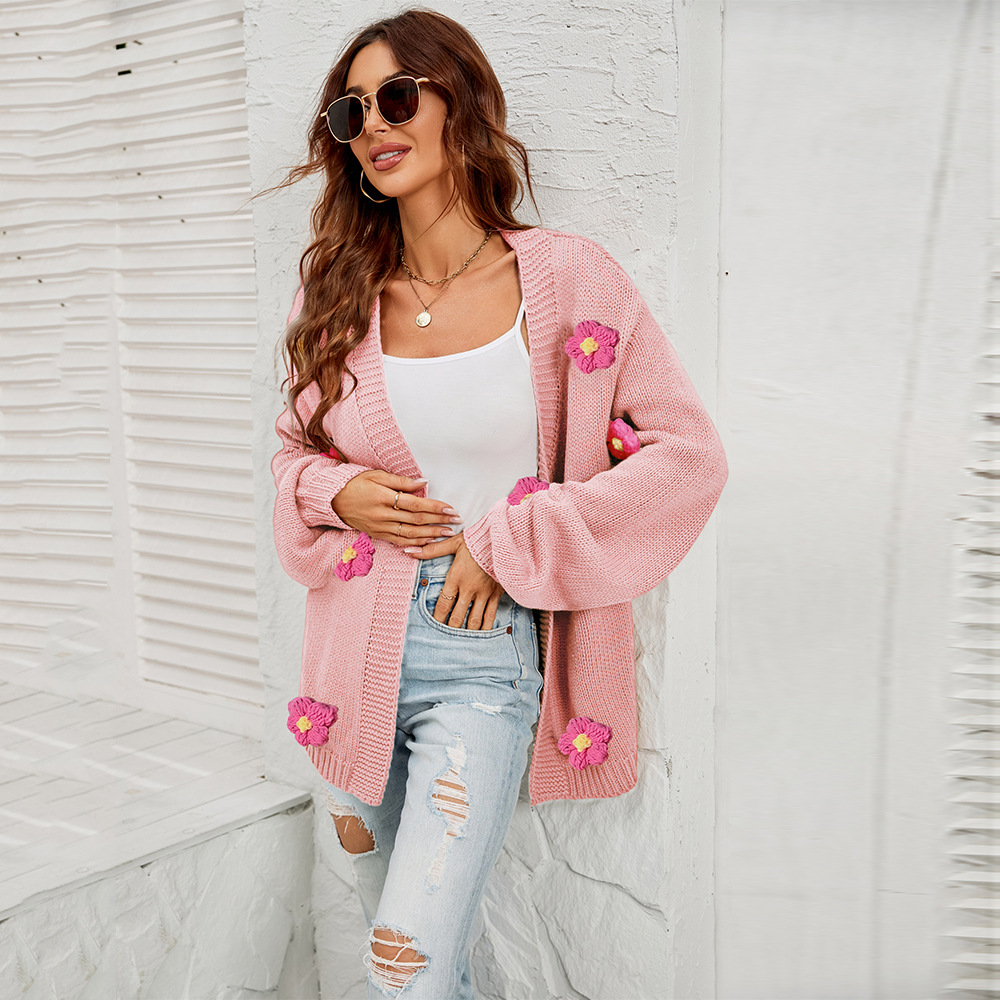 Floral Open-Front Cardigan with Lantern Sleeves