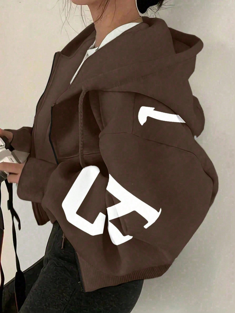 Women's Casual Letter Print Loose Hooded Zip-Up Sweatshirt