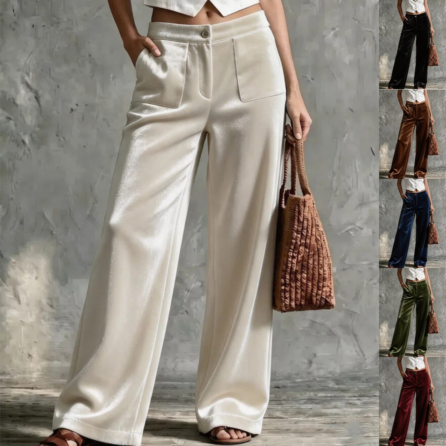 Women's Solid Velvet Button Wide-Leg Pants with Pockets