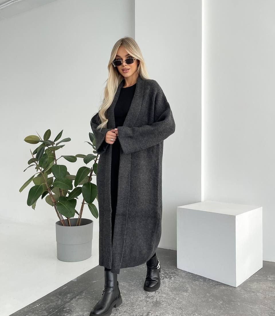 Women's Collarless Long Cardigan Sweater Coat Elegant Loose Fit