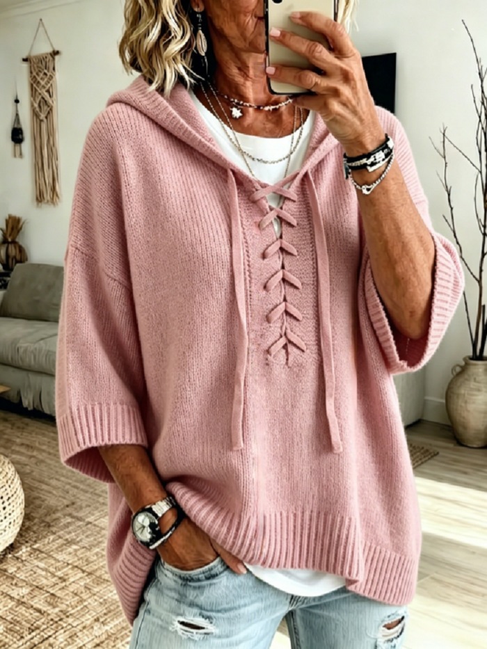 Lace-Up Hooded 3/4 Sleeve Knit Sweater Loose Pullover Top
