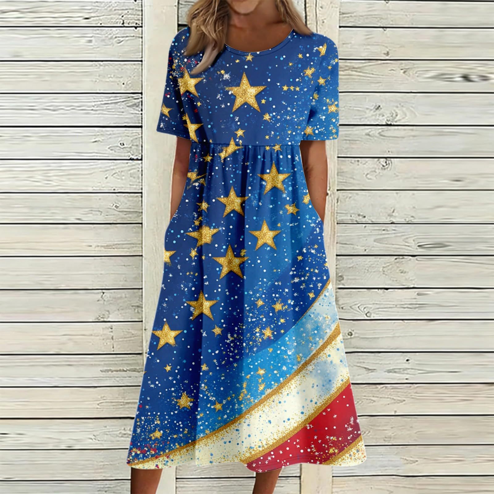 Women's Star Floral Print Ruched Midi Dress Short Sleeve Crew Neck