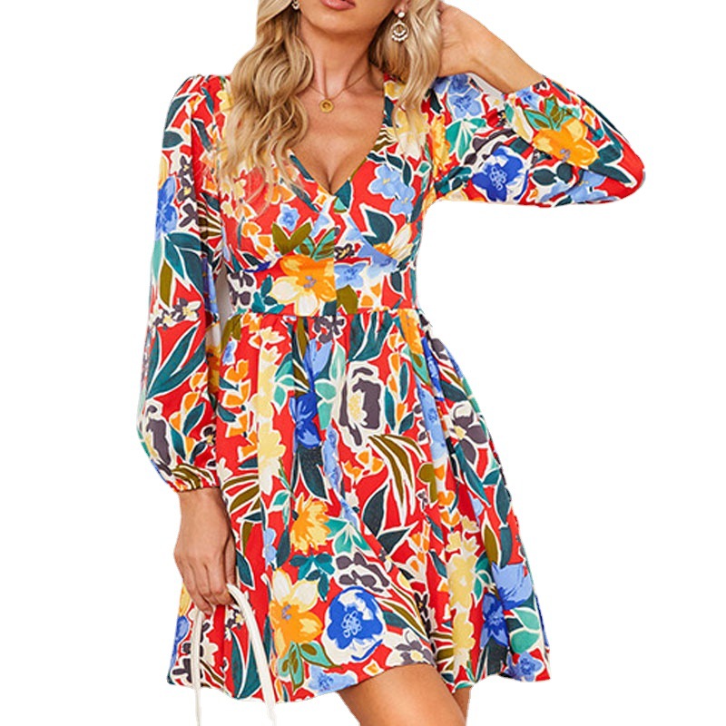 Abstract Print V-Neck Long Sleeve Slim Fit Short Dress