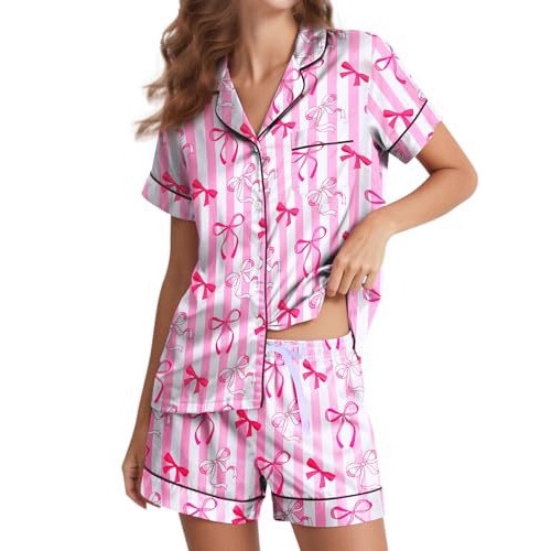 Women's Cuban Collar Bow Flamingo Heart Print Short Sleeve Set