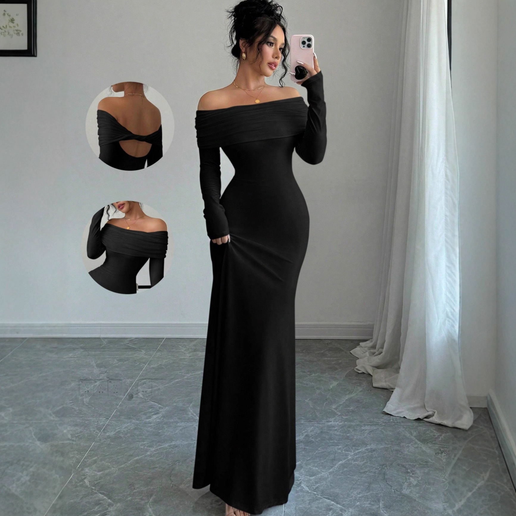 Women's Off-Shoulder Cross Backless Bodycon Long Dress