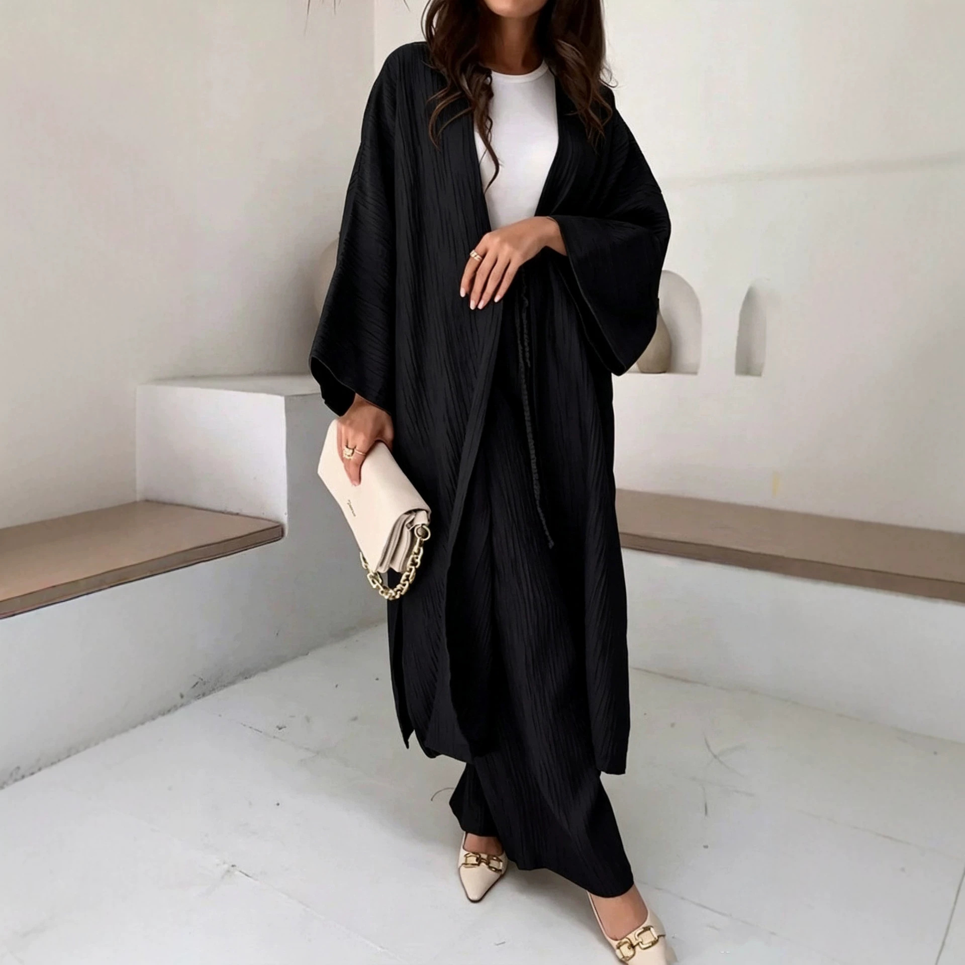 Minimalist Crinkle Textured Two-Piece Set with Long Kimono Sleeve Cardigan and High-Waist Wide-Leg Pants