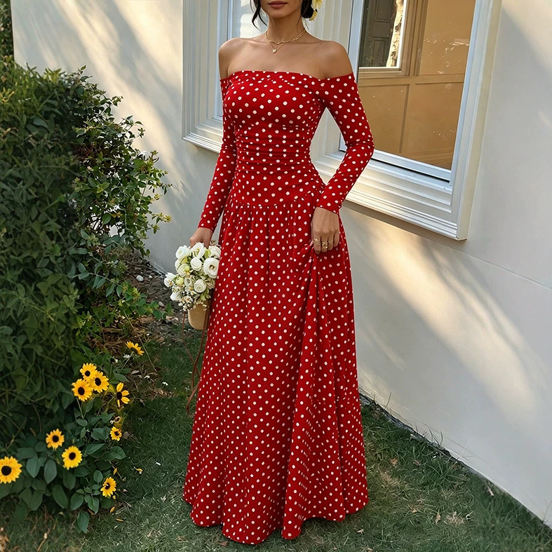 Sexy Off-Shoulder Polka Dot A-Line Dress with Waist-Cinching Silhouette