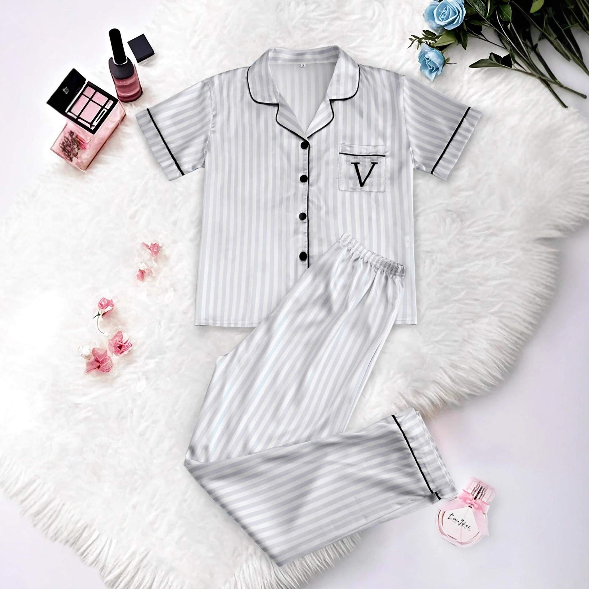Women's Striped Cuban Collar Short Sleeve Shirt and Pants Set