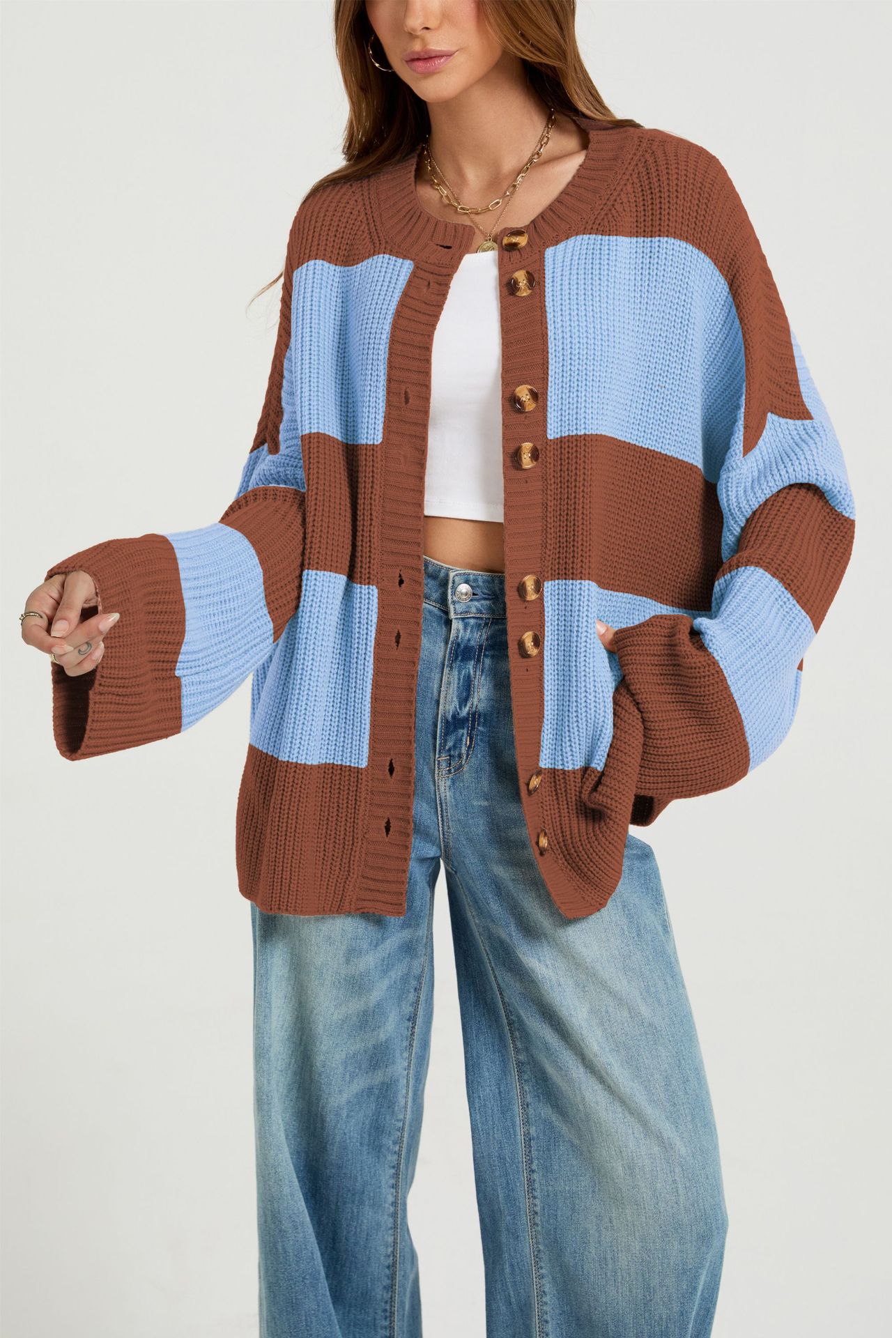 Striped Color-Block Knit Cardigan Sweater Coat