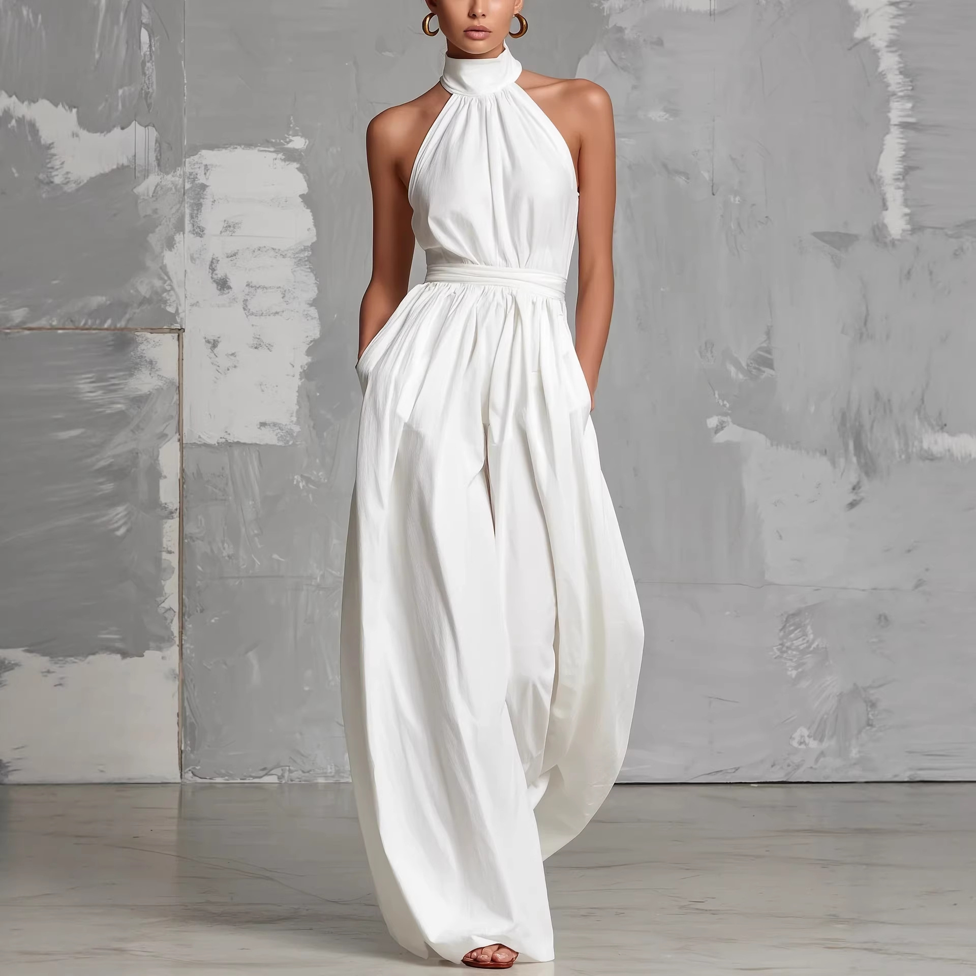 White Ruched Waist Long Sleeve Jumpsuit