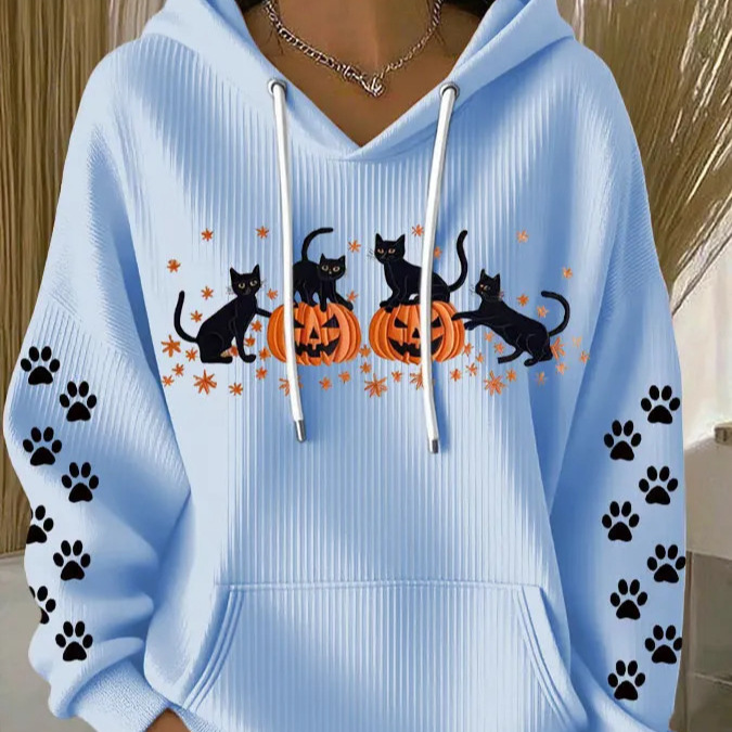 Women's Halloween Cat Pumpkin Paw Print Hoodie