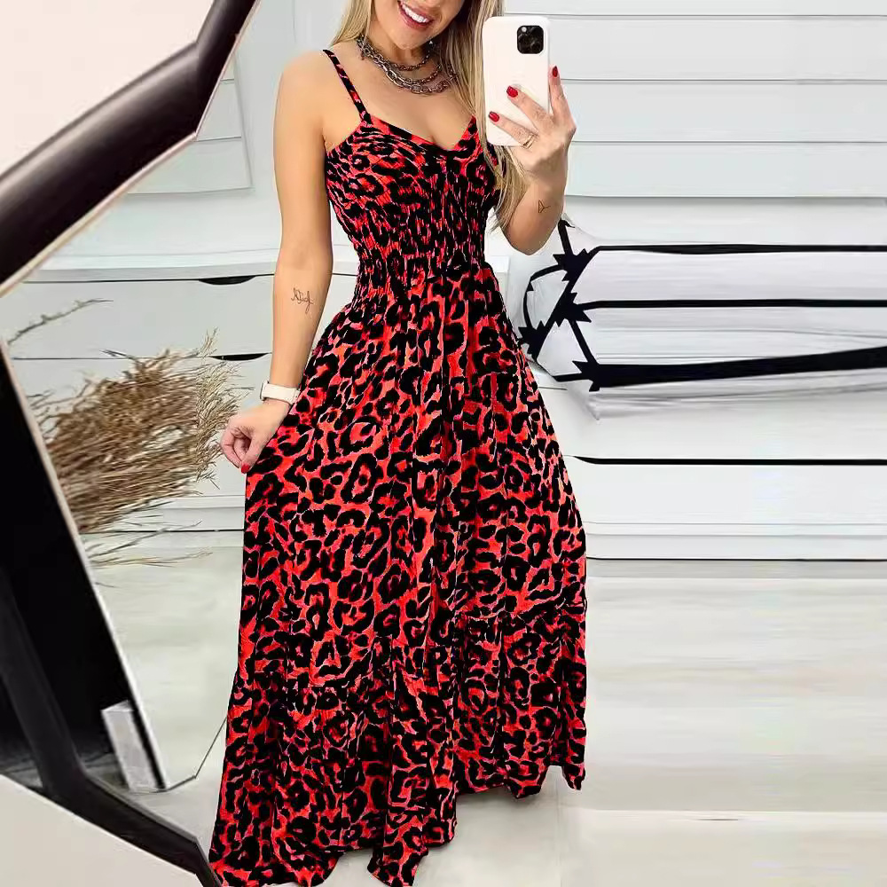 Leopard Print V-Neck Cami Maxi Dress High Waist Sexy
