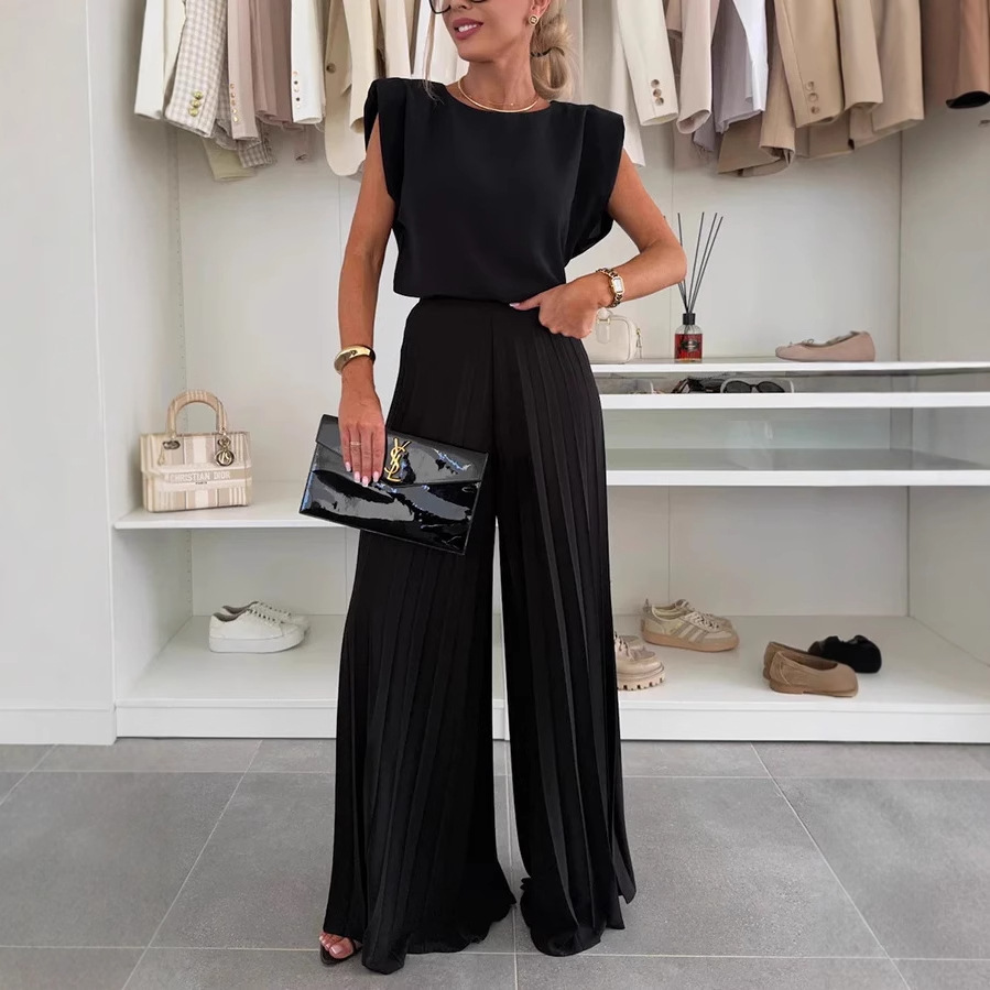 Women's Sleeveless Pleated Wide-Leg Two-Piece Set