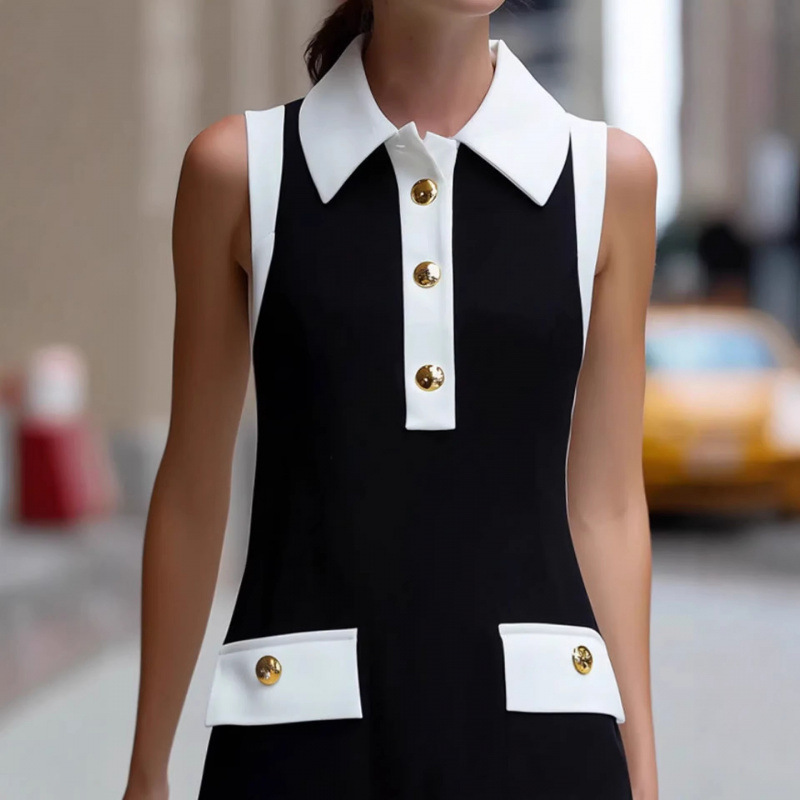 Color-Block Polo Collar Sleeveless A-Line Midi Dress