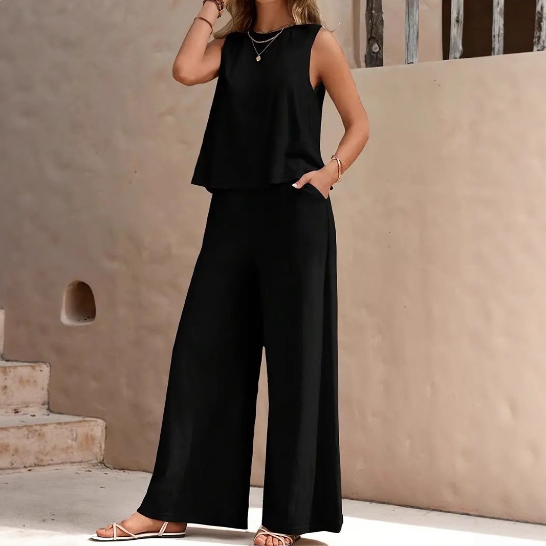 Solid Color Two-Piece Tank Top and Wide-Leg Pants Set