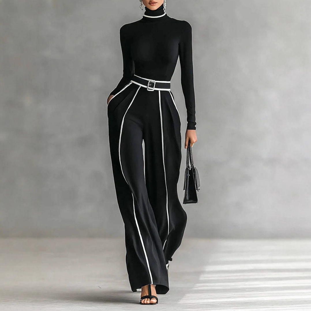 Women's Color-Block Stand-Collar Long-Sleeve Top and Wide-Leg Pants Set