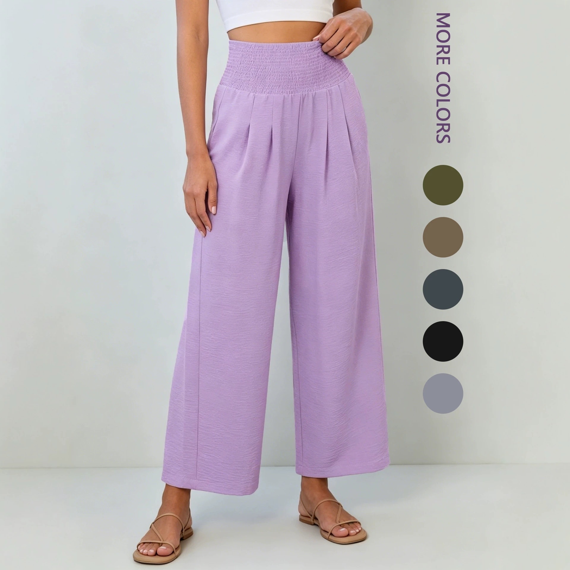 Women's High-Waist Smocked Linen-Blend Wide-Leg Cropped Pants
